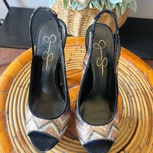Jessica Simpson Beaded Peep-Toe Slingback Heels - Black & Brown